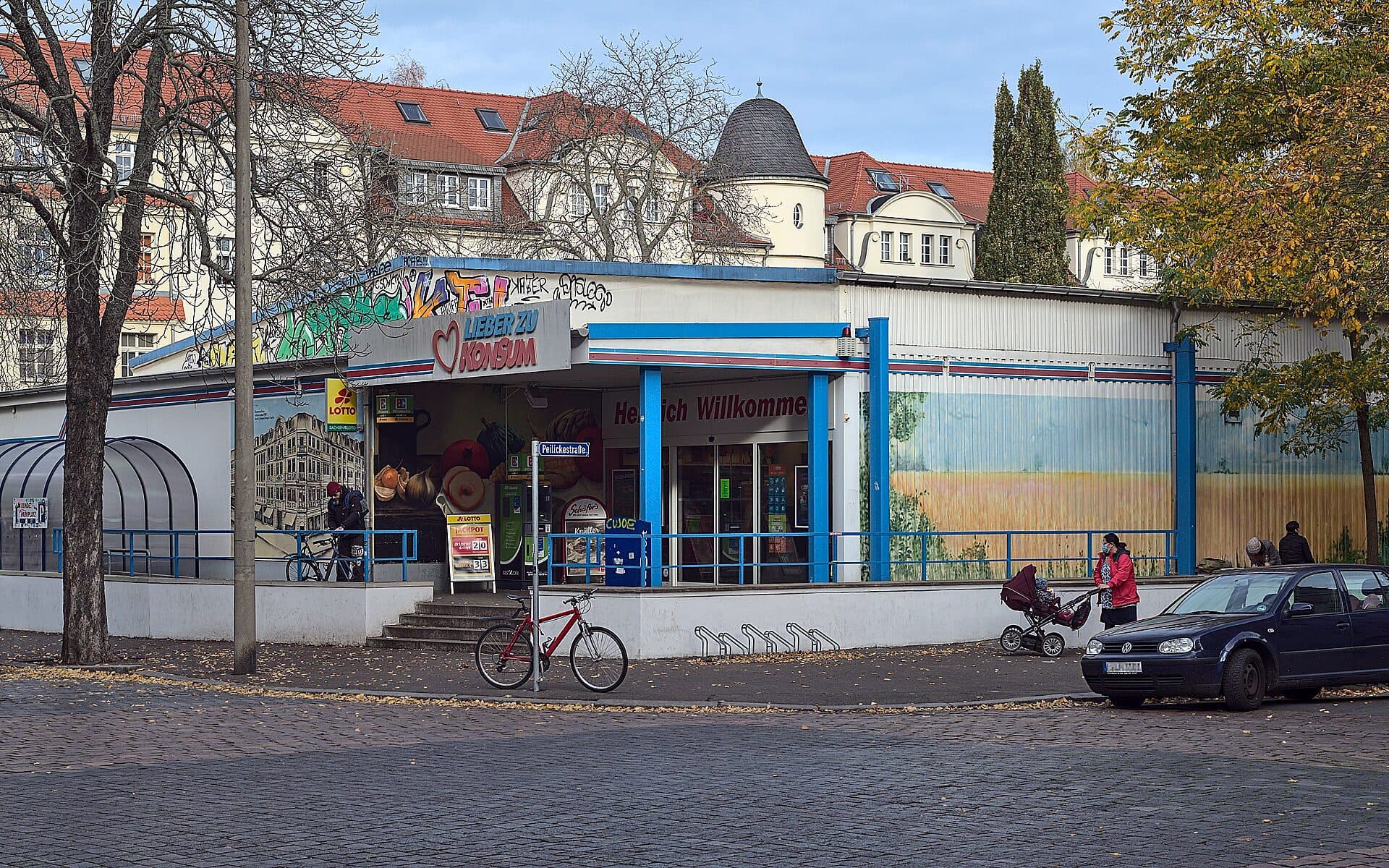 A branch of Konsum Leipzig eG, a German consumer cooperative, on Trinitatisplatz