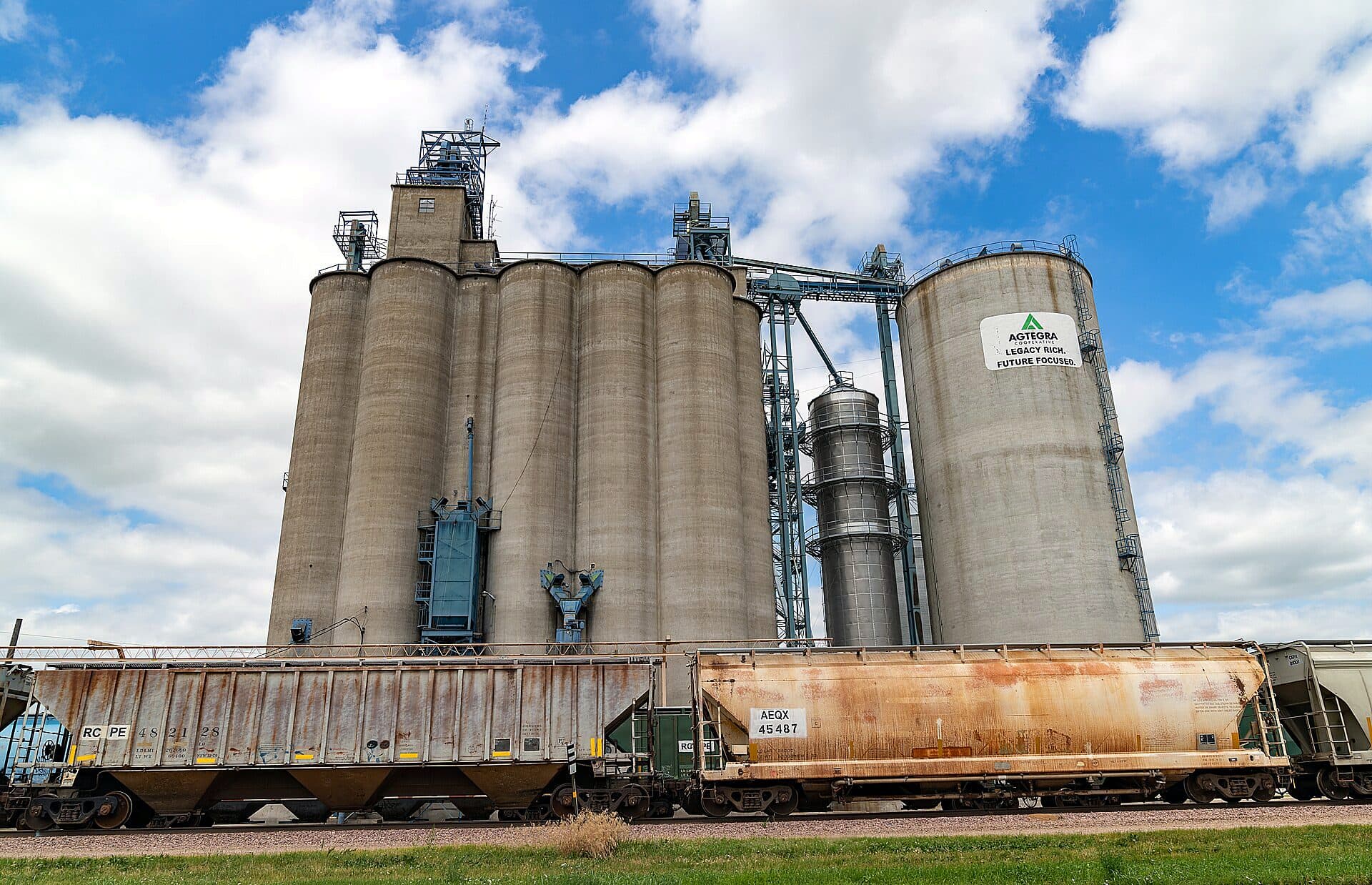 The Agtegra co-op grain elevator towering over Huron, South Dakota