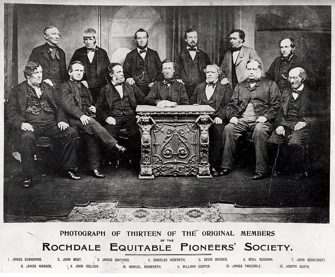 An 1865 photograph of members of the Rochdale Society of Equitable Pioneers, founders of the modern cooperative movement