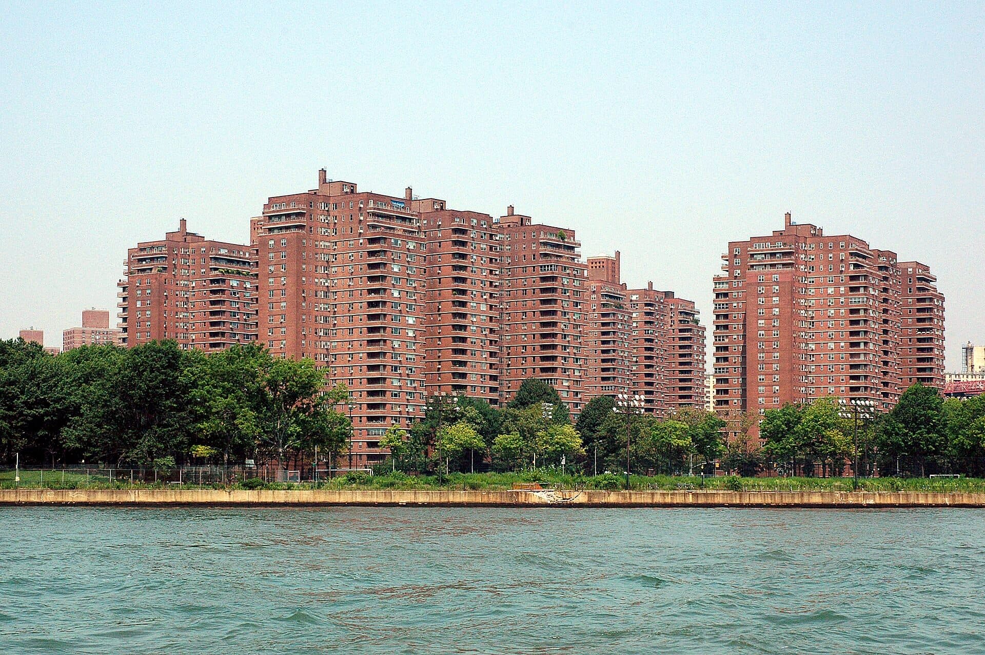 The Seward Park Housing Cooperative towers on Manhattan's Lower East Side, seen across the East River